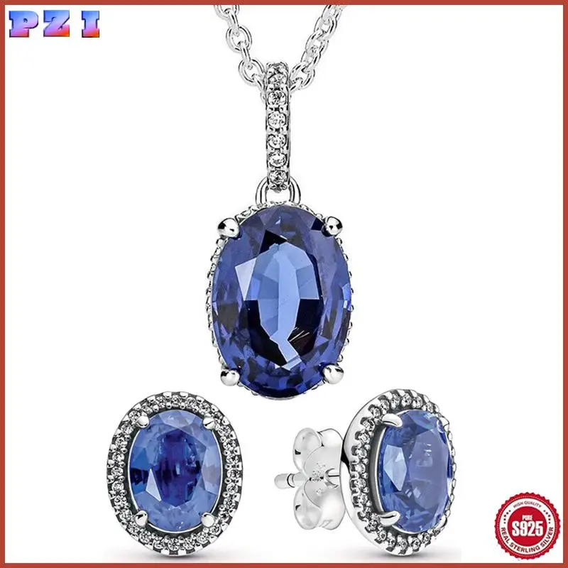 

Authentic 925 Sterling Silver Sparkling Statement Halo Earring Necklace With Blue Crystal Fit Europe Bracelet Jewelry Set Gift