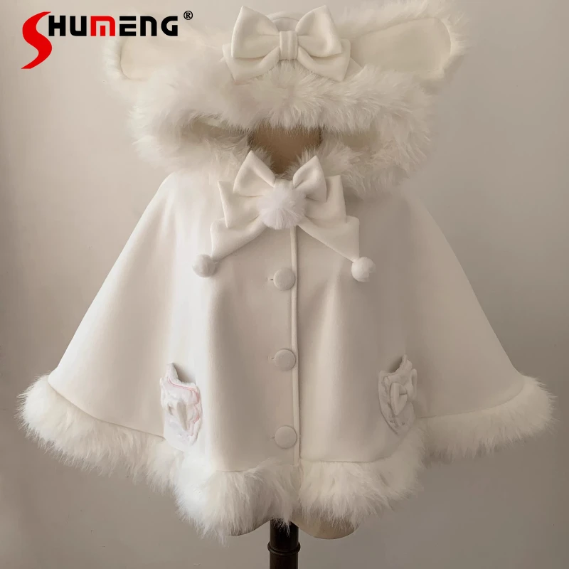 

Cute Lolita Style Rabbit Ear Hooded Cloak Winter New Girl's White Plush Thickened Kawaii Cape Short Jacket Ponchos for Women