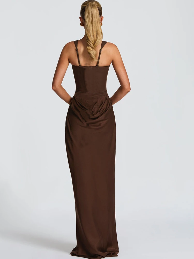 JULISSA MO Patchwork in raso sexy senza maniche abito lungo da donna caffè cinturino per spaghetti abito a vita alta sottile elegante clubwear da festa