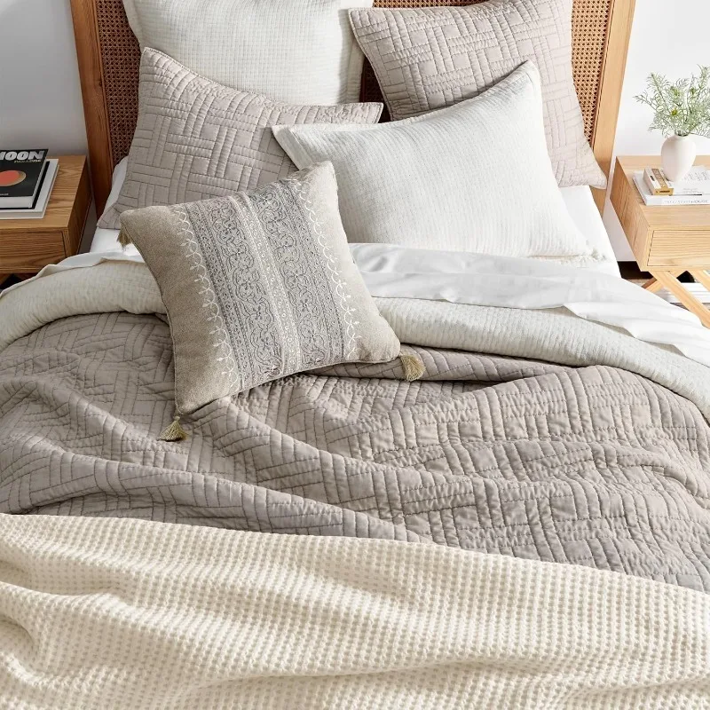 الصفحة الرئيسية - طقم لحاف ميلانج ستيتش لحاف كينج وحاف كينج شامز طبيعي مخيط صلب (106 × 92 بوصة.) و شمس