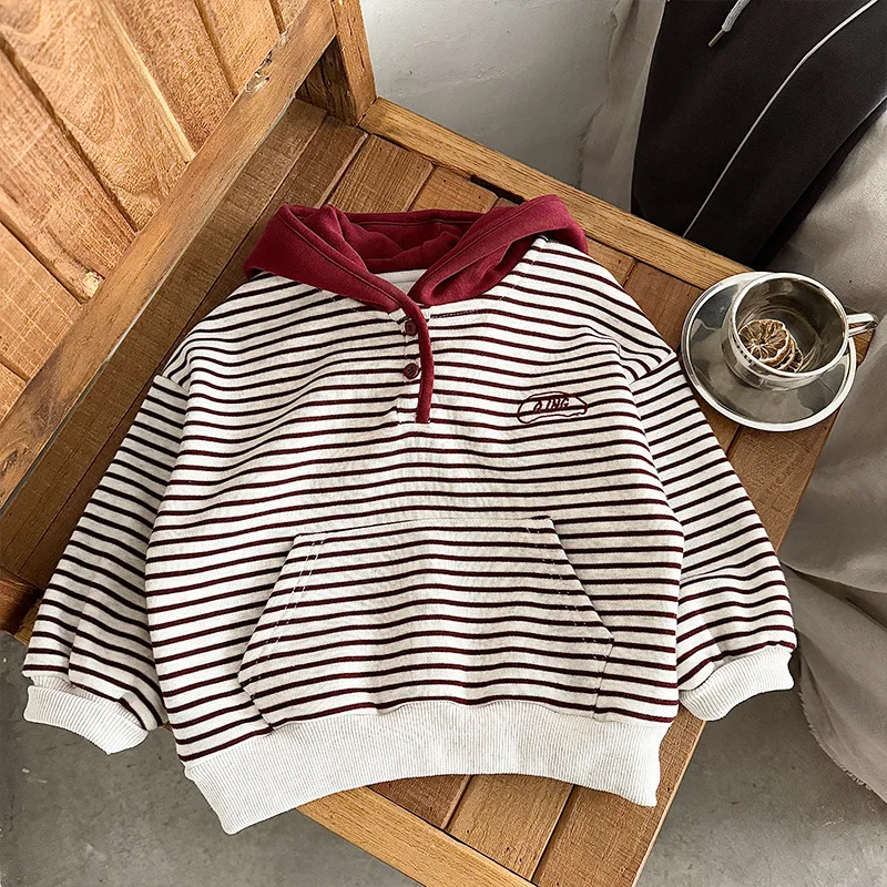 

Толстовка для маленьких мальчиков, зима 2025, с капюшоном, в полоску, утепленные детские толстовки с капюшоном для маленьких мальчиков, лоскутная толстовка для маленьких мальчиков, топы