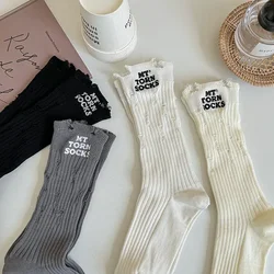 2pairs Trendy Embroidered Socks Women's Ins Street Trend Fashion Hole Socks Beggar Socks Korean Cotton Medium Tube Stockings