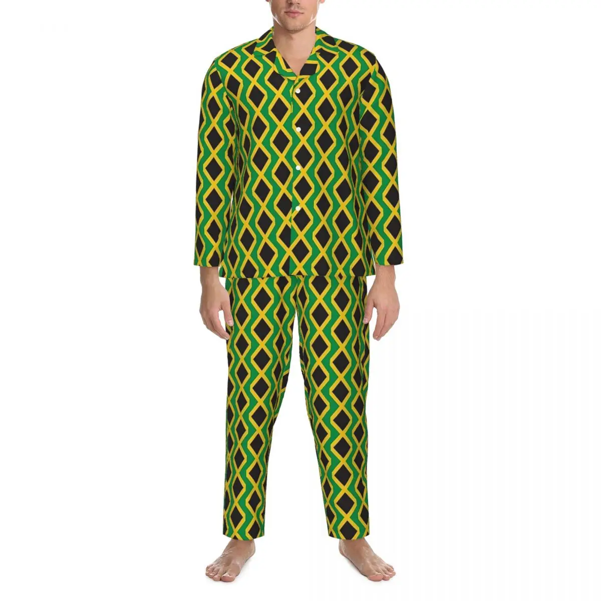 Jamaican Flag Pajama Sets Vertical Jamaica Love Kawaii Sleepwear Male Long Sleeve Vintage Bedroom 2 Pieces Nightwear Plus Size