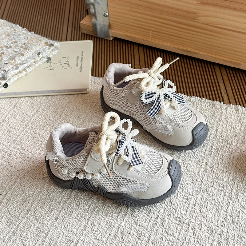 Girls Mesh Casual Sneakers, Plaid Bow Pearl Chain Lace Decor Elastic No‑Tie Laces Non‑Slip Thick Sole Sweet Girls