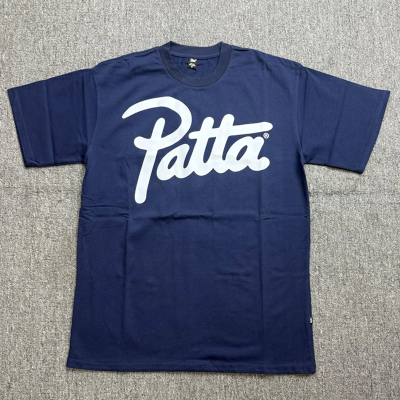Street Style Multi Color Loose PATTA T-Shirts White Art Script Print Men Crew Neck Patta Short Sleeve Tops