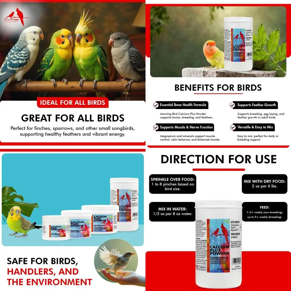 

Порошок утреннего птичьего кальция плюс для птиц 16 унций — добавка кальция с витаминами и протеиновым порошком — поддерживает здоровье костей, мускус