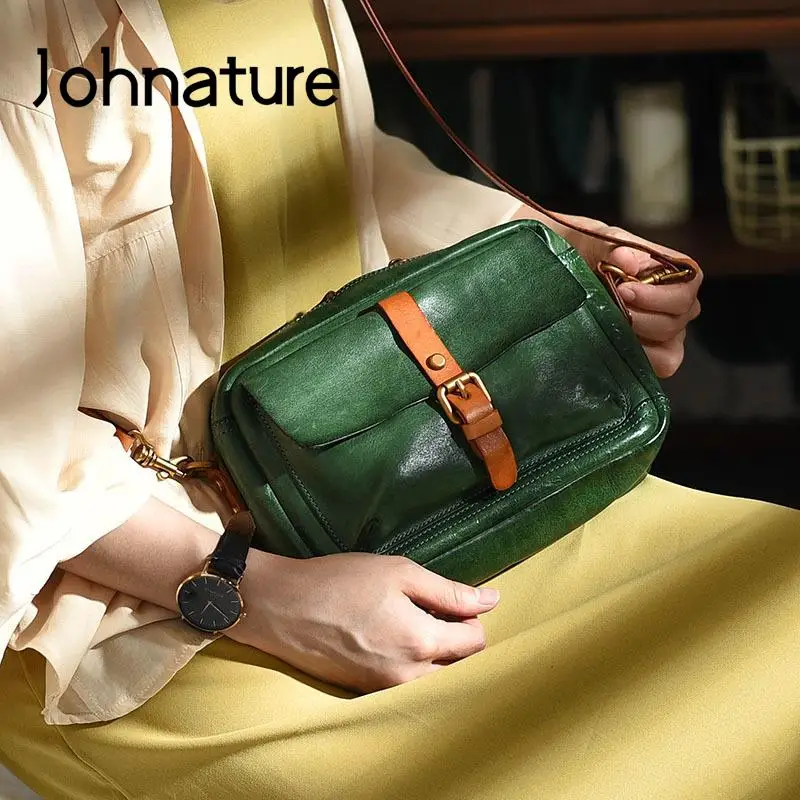 

Johnature Vintage Messenger Bag 2024 New Genuine Leather Simple Solid Color Natural Soft Real Cowhide Women Shoulder Bags