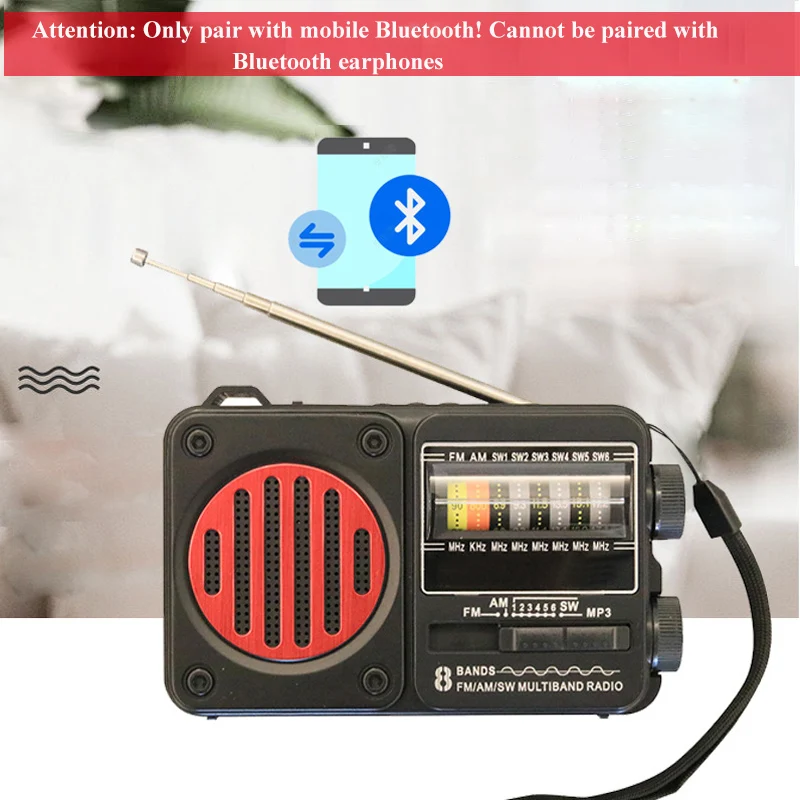 Portable Emergency Radio Solar FM AM SW1-6 Radio Receiver Bluetooth Speaker with Flashlight TF Card USB Drive MP3 Music Player