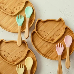 Bamboo Wooden Fox Dinner Plates Children Tableware Feeding Supplies Suction Spoon Fork BPA Free Silicone Infant Tableware Set