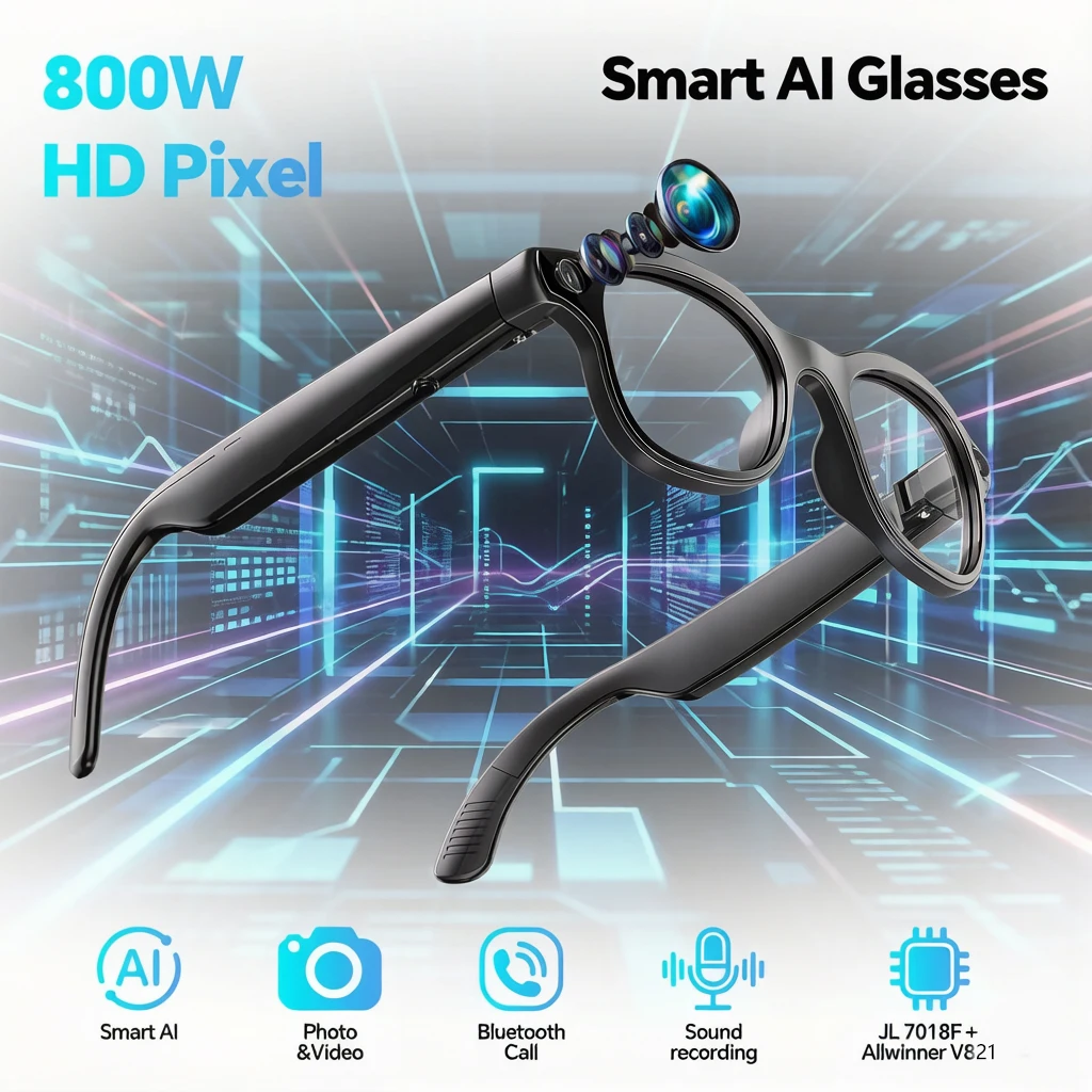 Nouvelles lunettes caméra IA 800W avec photographie grand angle, enregistrement vidéo, appels Bluetooth, musique, questions et réponses IA intelligentes, reconnaissance d'objets, traduction, organisation des enregistrements de réunions