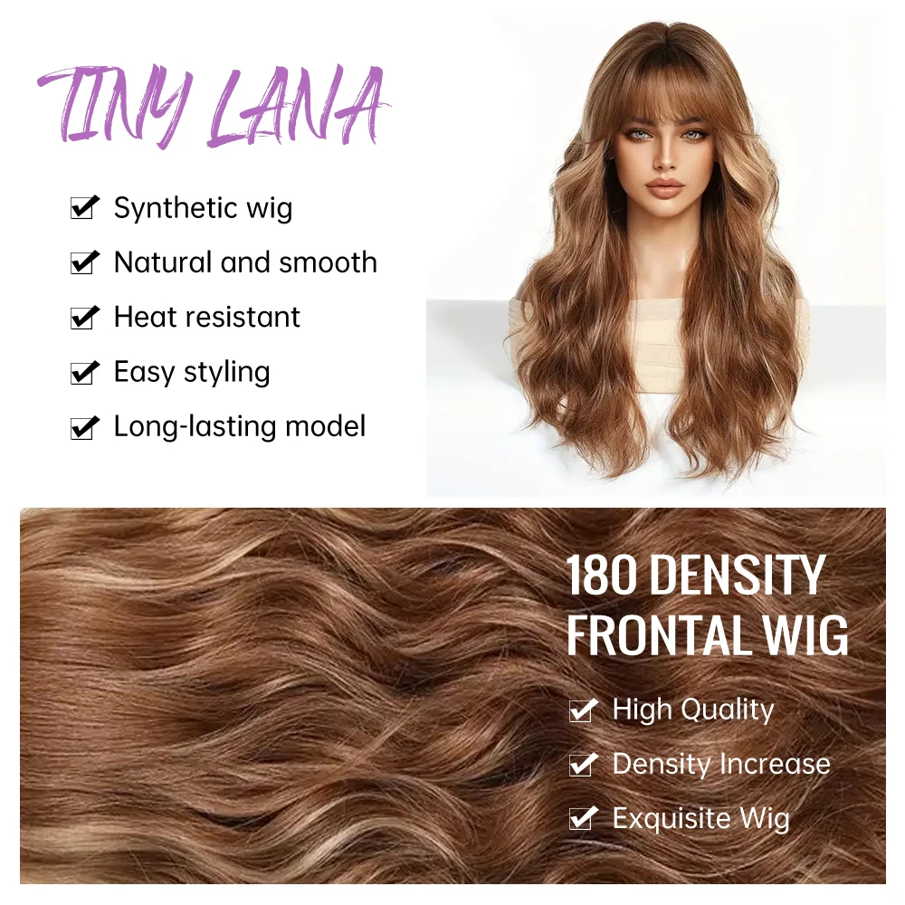 Long Golden Brown Highlight Blonde Curly Synthetic Wigs with Blunt Bangs for Women Natural Wave Daily Hair Wigs Heat Resistant