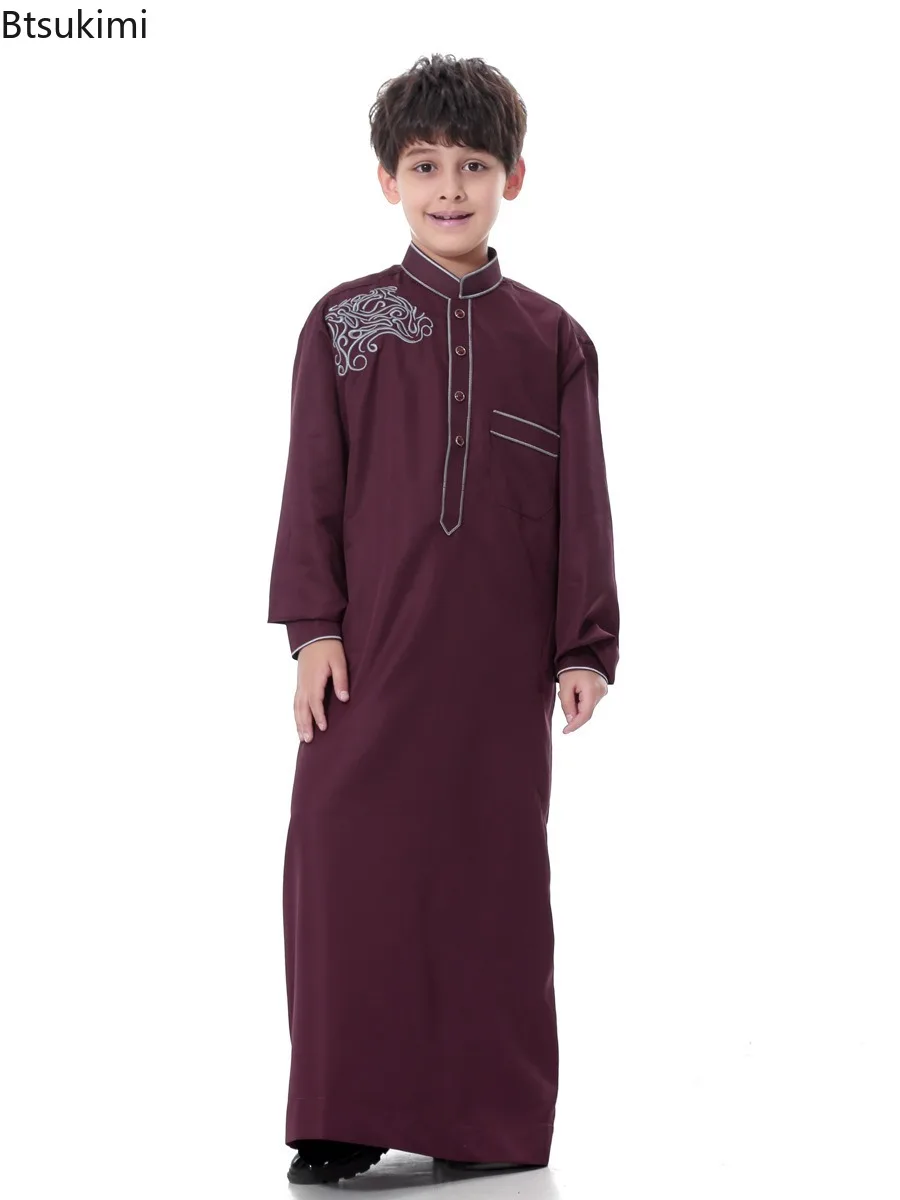 2025 Kids Robe Muslim Embroidery Stand Collar Abaya Boys Ramadan Thawb Teens Long Sleeve Traditional Clothes Mid East Arab Thobe