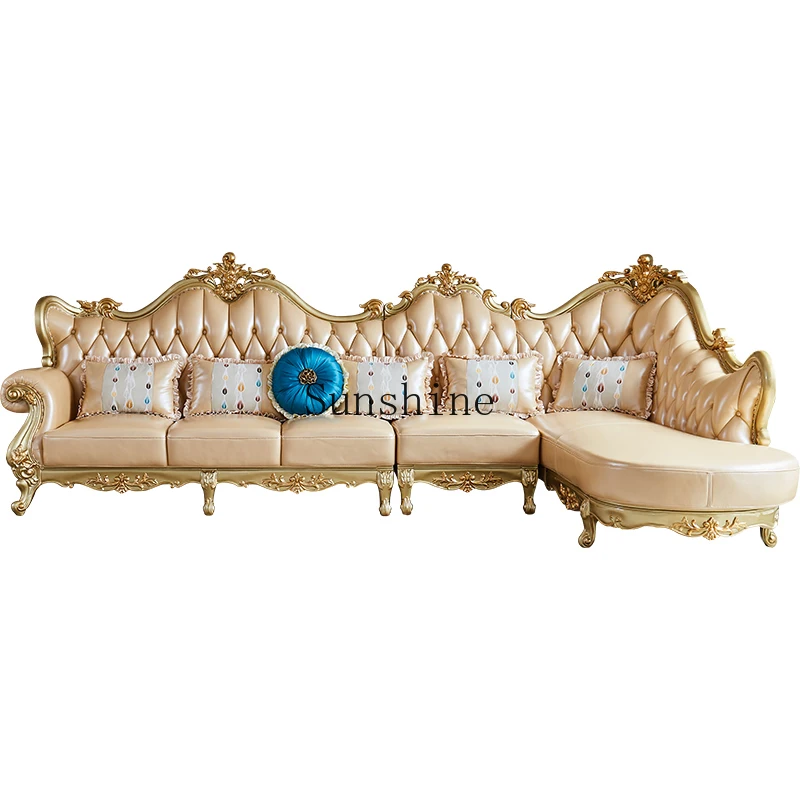 

European sofa living room size apartment leather corner sofa solid wood combination