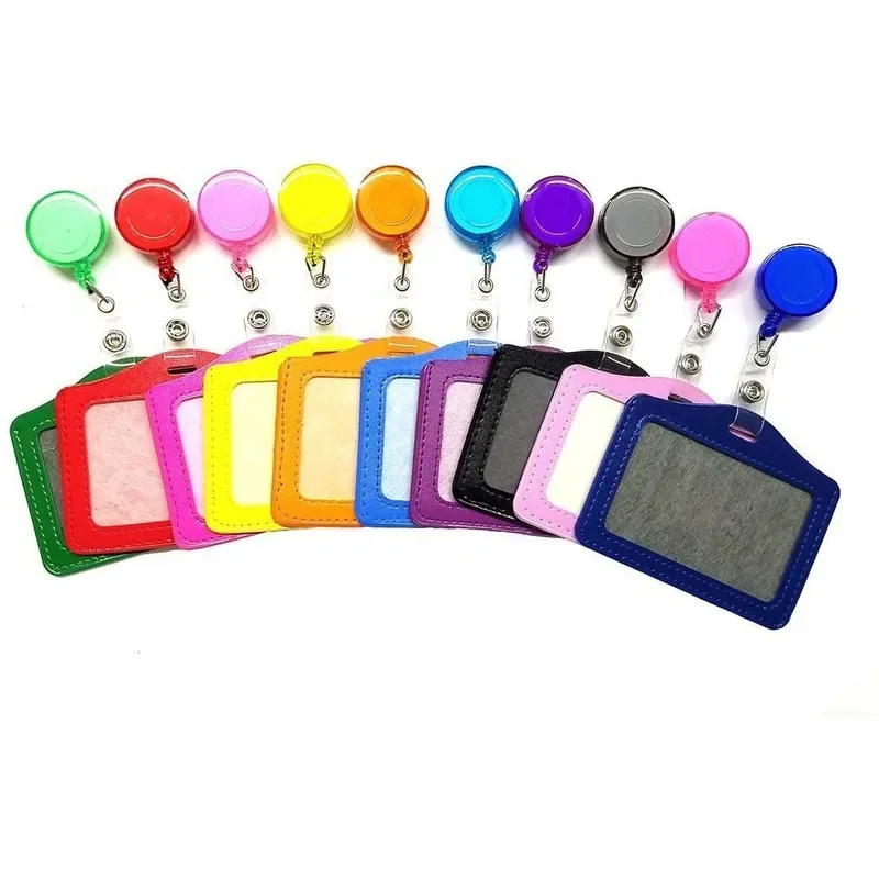 1pc PU Leather Cards Cover with Retractable  Badge Reels ID Name Credit Card Holder Key Keychain Holders Students Offices Supply