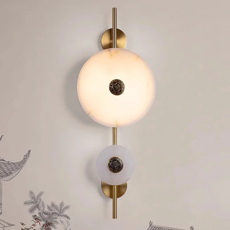 All-copper natural marble wall lamp New Chinese light luxury villa living room background wall lamp