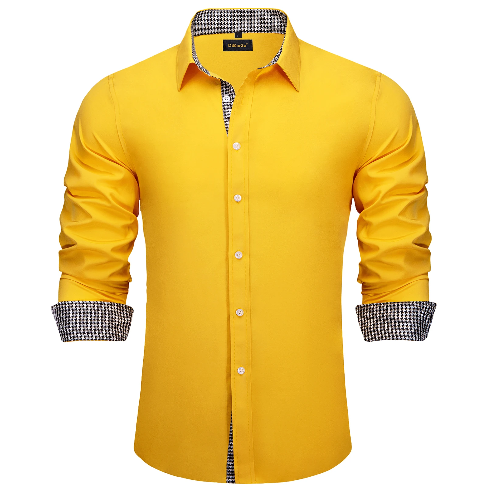 Yellow Solid Men Shirt Long Sleeve Casual Turn Down Collar Dress Shirt with Patchwork Collar Cuff Designer Men Clothing