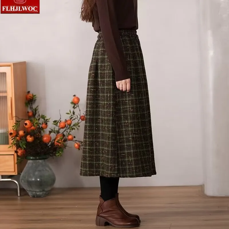 Art Mori Girls Woolen Skirts New 2025 Autumn Winter Basics Woman Cute Sweet Japanese Preppy Style Retro Vintage Long Plaid Skirt