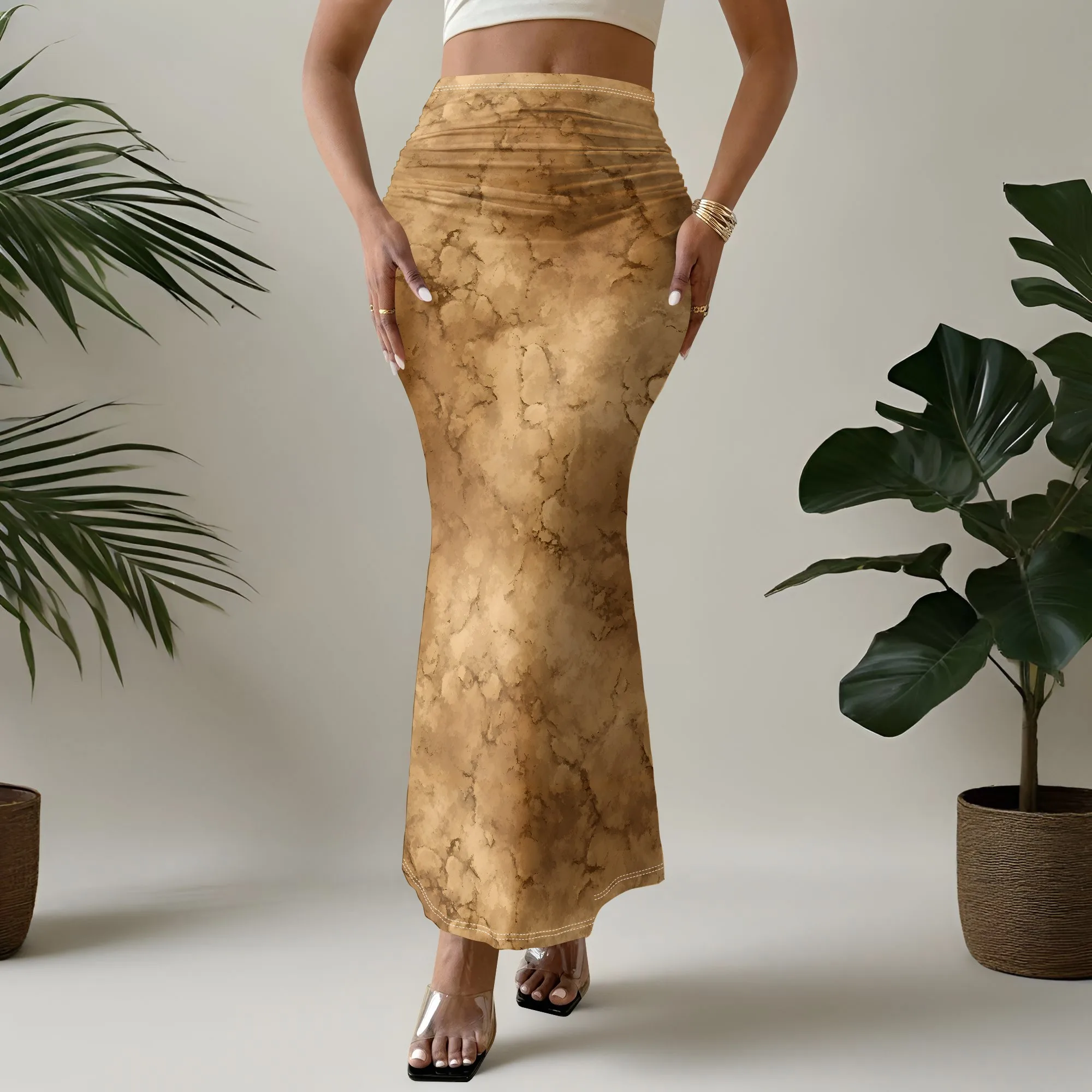 Marble Print Mermaid Skirt, Vintage Texture Midi Skirt, Bodycon Pencil Skirt for Women, Summer Beach Party Outfit, S-3XL