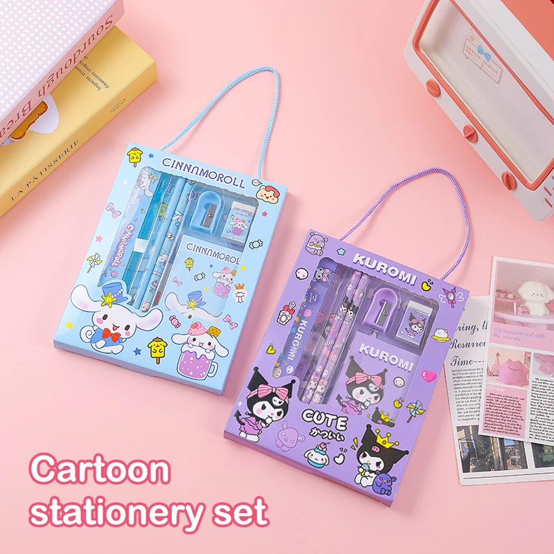 Cartoon Sanrio Stationary Set Kuromi Melody Pencil Eraser Ruler Pencil Sharpener Cinnamoroll Notebook W/Handheld Packaging Bag