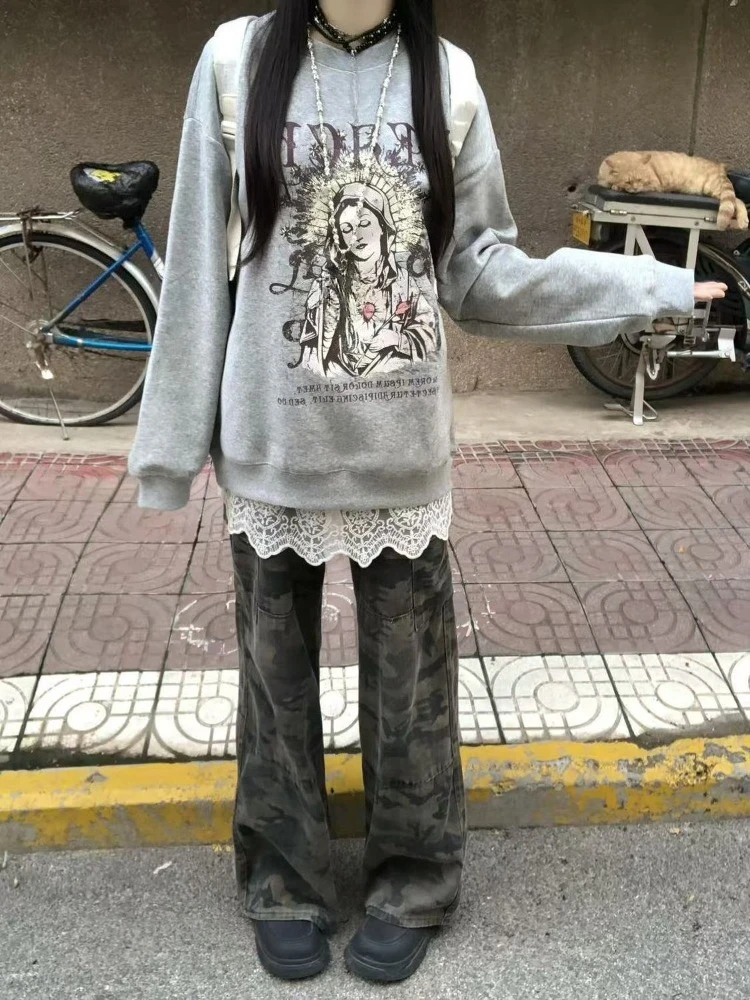 ثقافة فرعية يابانية كم طويل هوديي المرأة ملابس الشارع الشهير عادية البلوز الأمريكية خمر القوطية طباعة س الرقبة ضئيلة 2025 الخريف