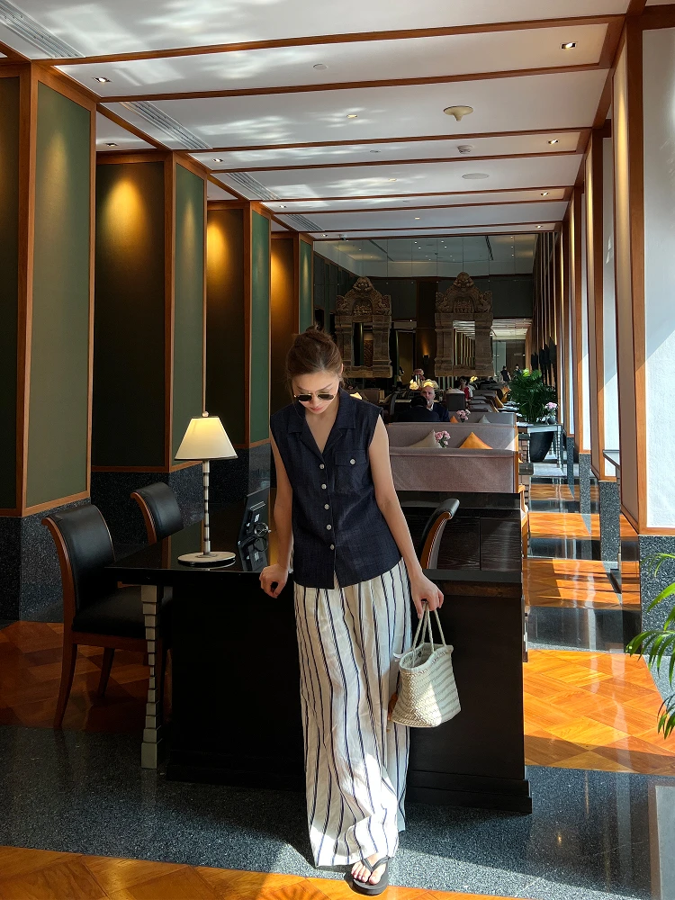 

J весна лето без льна без лета легкие дышащие повседневные длинные брюки с высокой талией и широкими штанинами в полоску