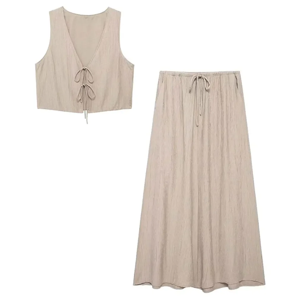 

Women Vintage Solid Skirt Sets Bow Lace-Up Short Vest Top Loose Drawstring Midi Skirts Summer Female Streetwear Outfit
