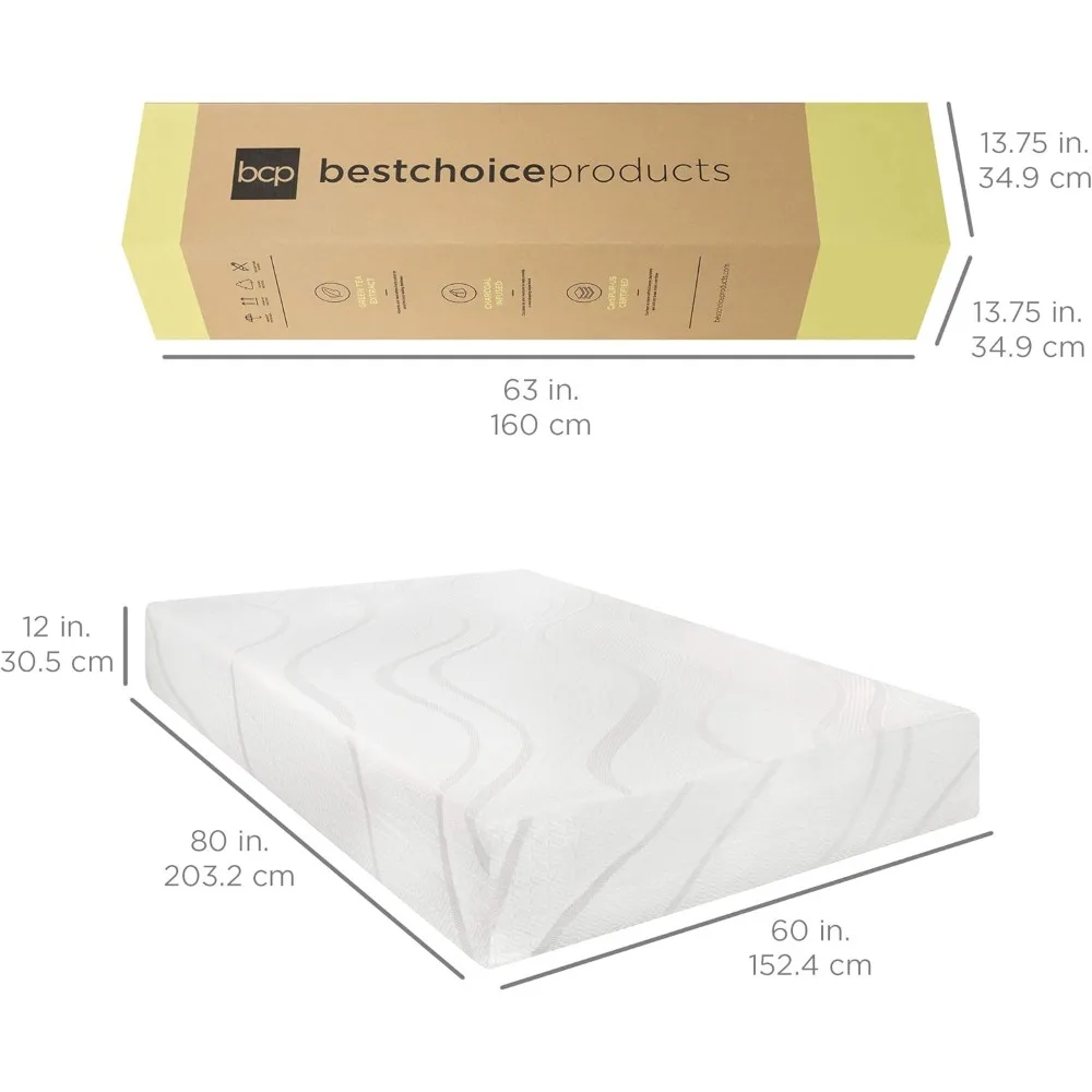 Materasso in Memory Foam con Gel rinfrescante al carbone di tè verde da 12 pollici, 2 strati, traspirante-Queen, Medium Firm