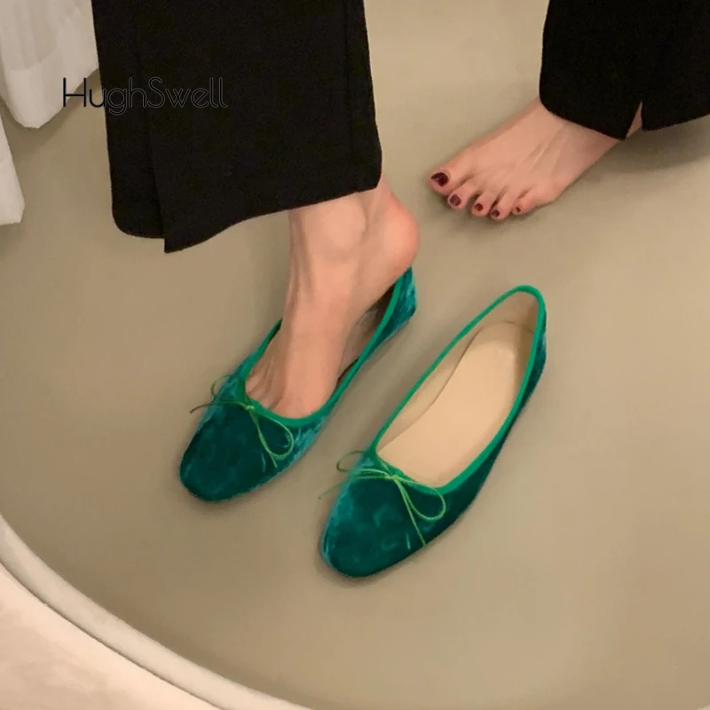 Elegant Velvet Ballerina Shoes Woman  Luxury Velour Ballet Flats Ladies Retro Round Toe Bowknot Shallow Loafers  In Red Green