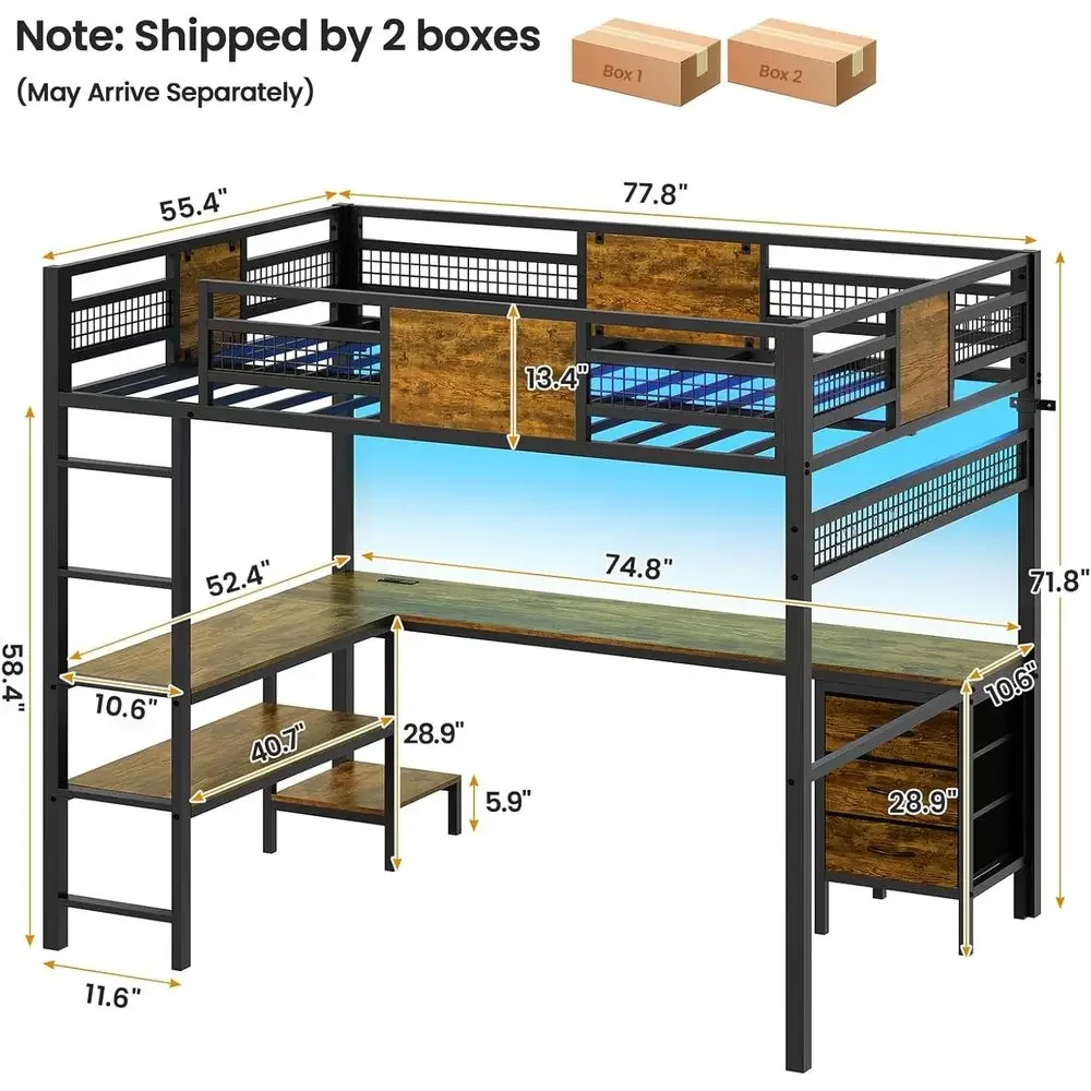 L-Shaped Desk Loft Bed with Storage Drawers, Shelves, Power Outlet, Safety Rail, and RGB Lights, Rustic Brown