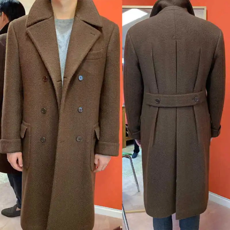 

Classic Men's Herringbone Wool Trench Coat Double Breasted Long Overcoat Winter Thick Tailored Outerwear One Piece