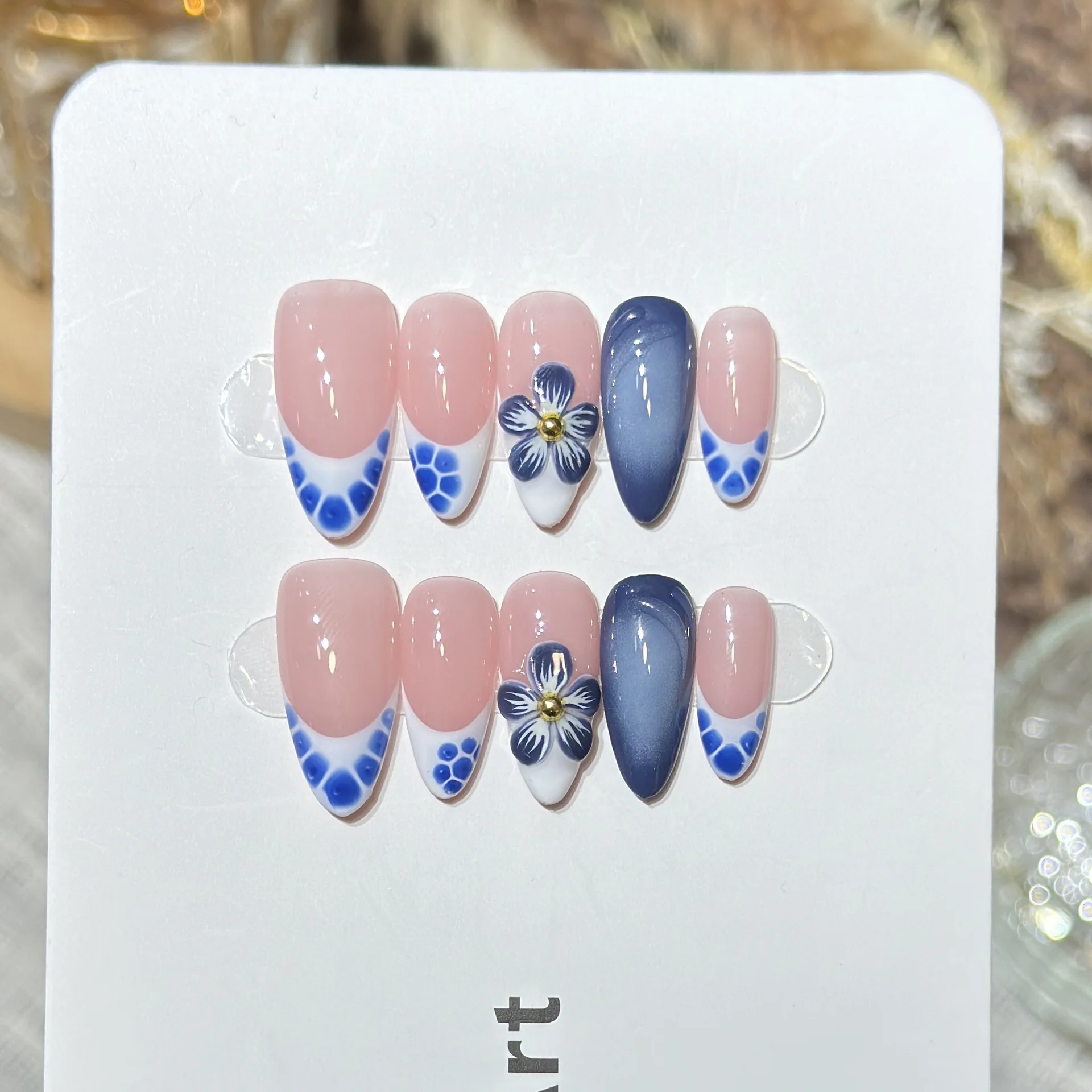 10pcs Handmade Almond Press On Nails Chinese style Blue 3D Carving Flower Design Sweet Cool Fake Nails Wearable Nails For Girls
