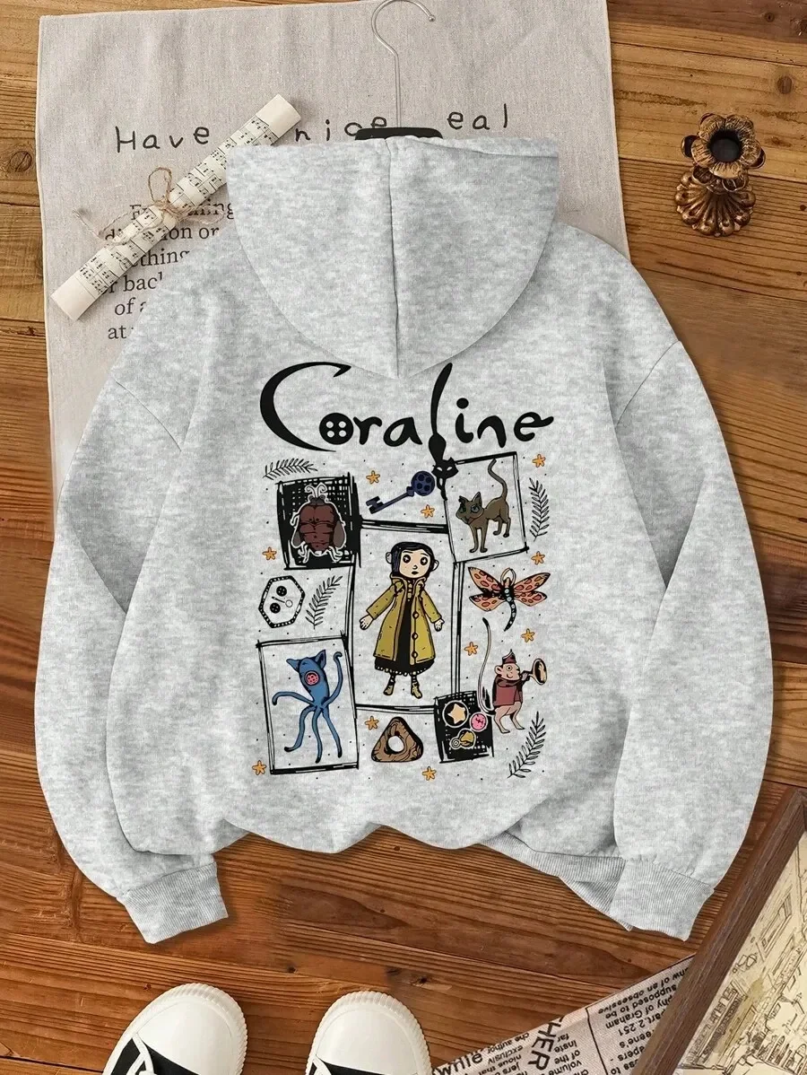 

Coraline Inspired Pure Cotton Hoodie with Classic Characters and Elements Print for Movie Fans Casual Wear Elements Print Soft