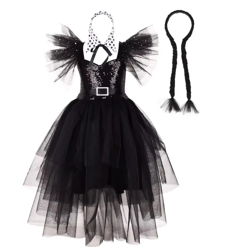 Girls' Black Tulle Tutu Dress, Halloween Themed Outfit, Kids Fluffy Mesh Party Gown, Suitable for Festival Stage Performances