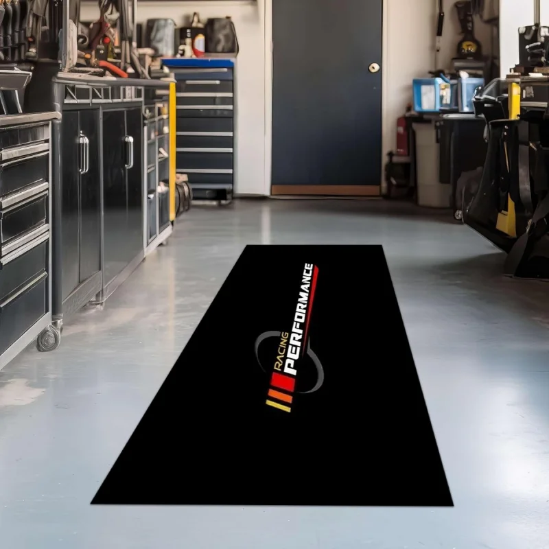Racing Performance Logo Garage Runner Floor Mat, Black Red Stripe Oil Absorbent Non-Slip Long Rug for Motorcycle Car Workshop Ma