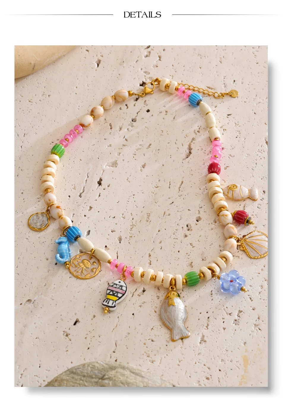 Yhpup Ocean Style Harz-Holzperlenkette mit Fisch-, Muschel- und Seepferdchen-Anhänger – Stylische, wasserdichte, handgefertigte Sommerhalskette – Detail 7