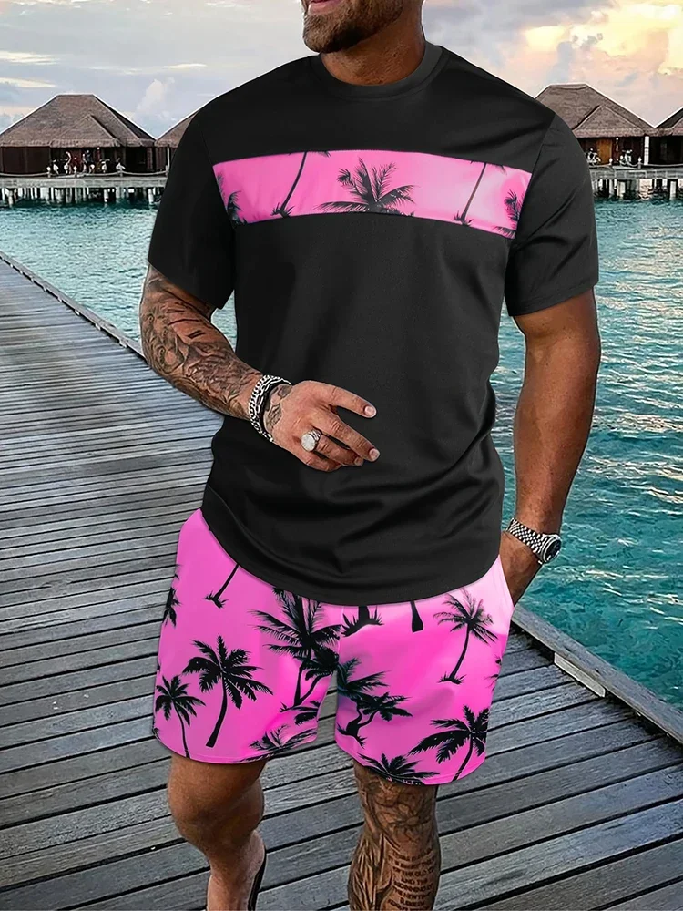 Heren Zomer Tropische Kokospalm Print Grafisch Korte Broek Met Korte Mouwen, Zomer Heren T-Shirt Met Ronde Hals En Korte Set Met Trekkoord