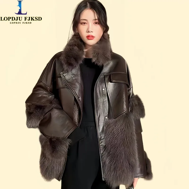 Faux Fox Fur Coats for Women,Single Breasted PU Jacket,Thicken Warm Female Clothes,Korean,Spliced,New,Winter,2025