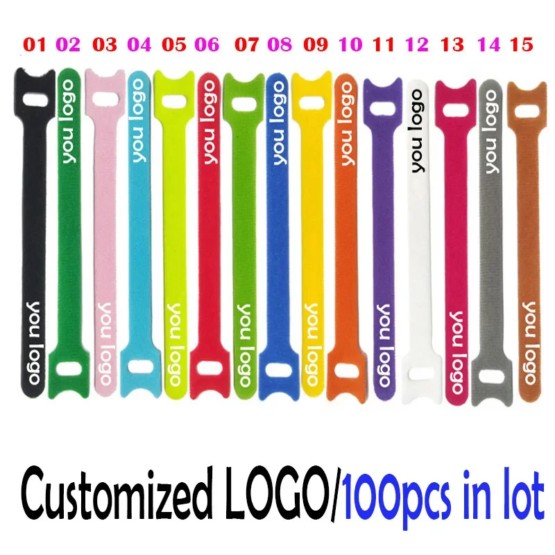 100pcs 200mm Customized LOGO nylon Reverse buckle  cable ties strap sticky Line finishing print your logo