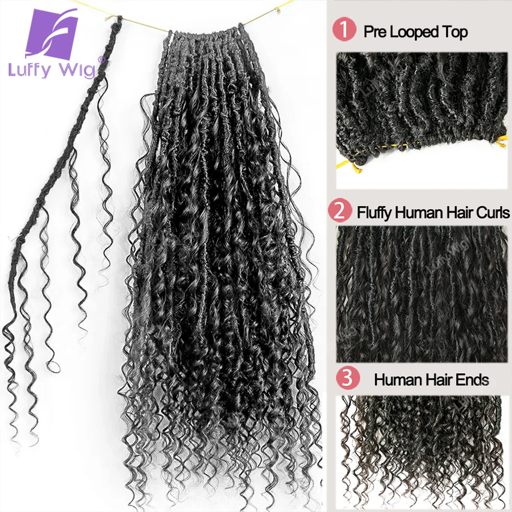 Crochet Boho Locs com cachos, Tranças pré-looped Knotless, Cabelo Deusa do falso, Trançando o cabelo com encaracolado termina