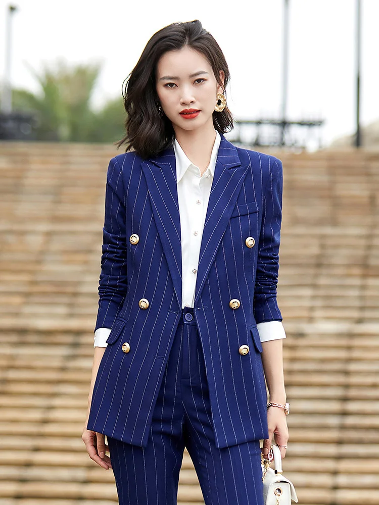 Vintage Women Stripe Sets Peaked Lapel Double Breasted Custom Made Blazer Pencil Pants Office Lady Casual Jacket 2 Pieces Formal