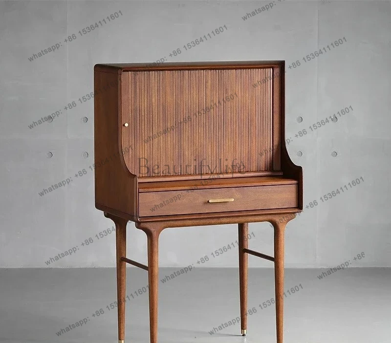 Nordic expression medieval retro style imported solid wood organ roller shutter vanity mirror dresser walnut color