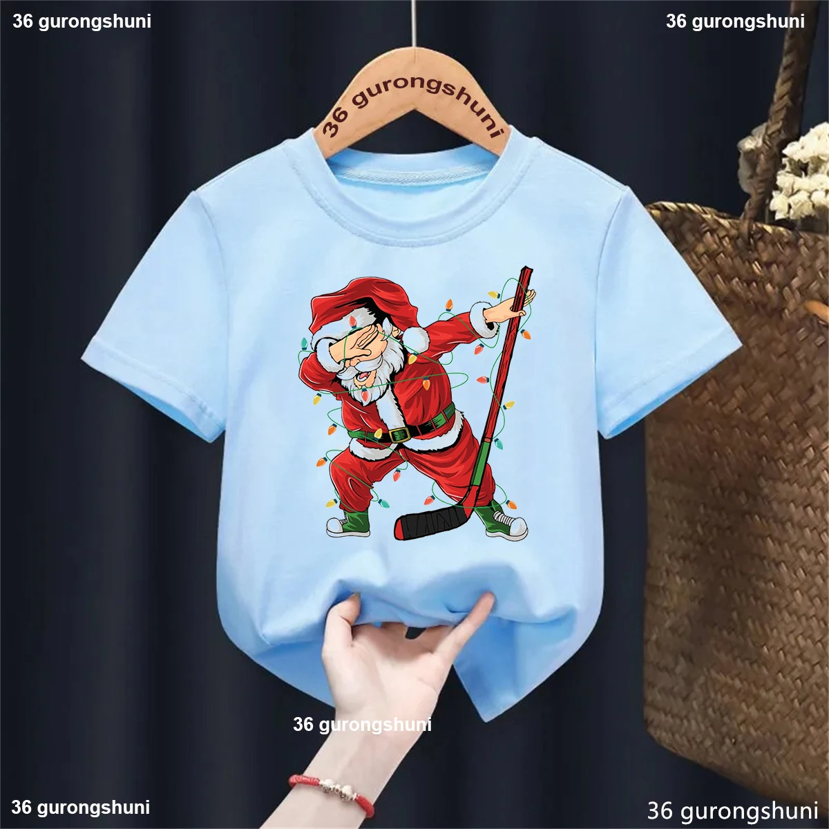 Kawaii Kids Clothes Dabbing Santa Claus Christmas Tree Lights Print T Shirt Girls/Boys Funny Solid T-Shirt Harajuku Shirt Tops