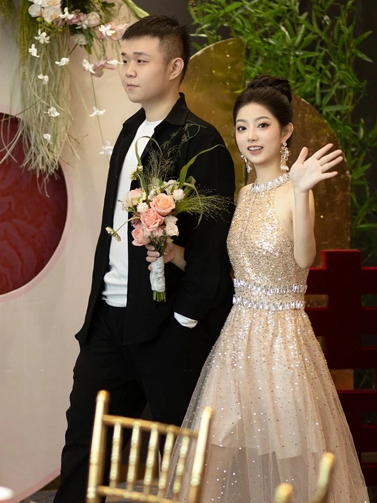 

Элегантное длинное вечернее платье с пайетками для свадебного торжества, легкое и роскошное, идеально подходит для невесты на ее особенный день