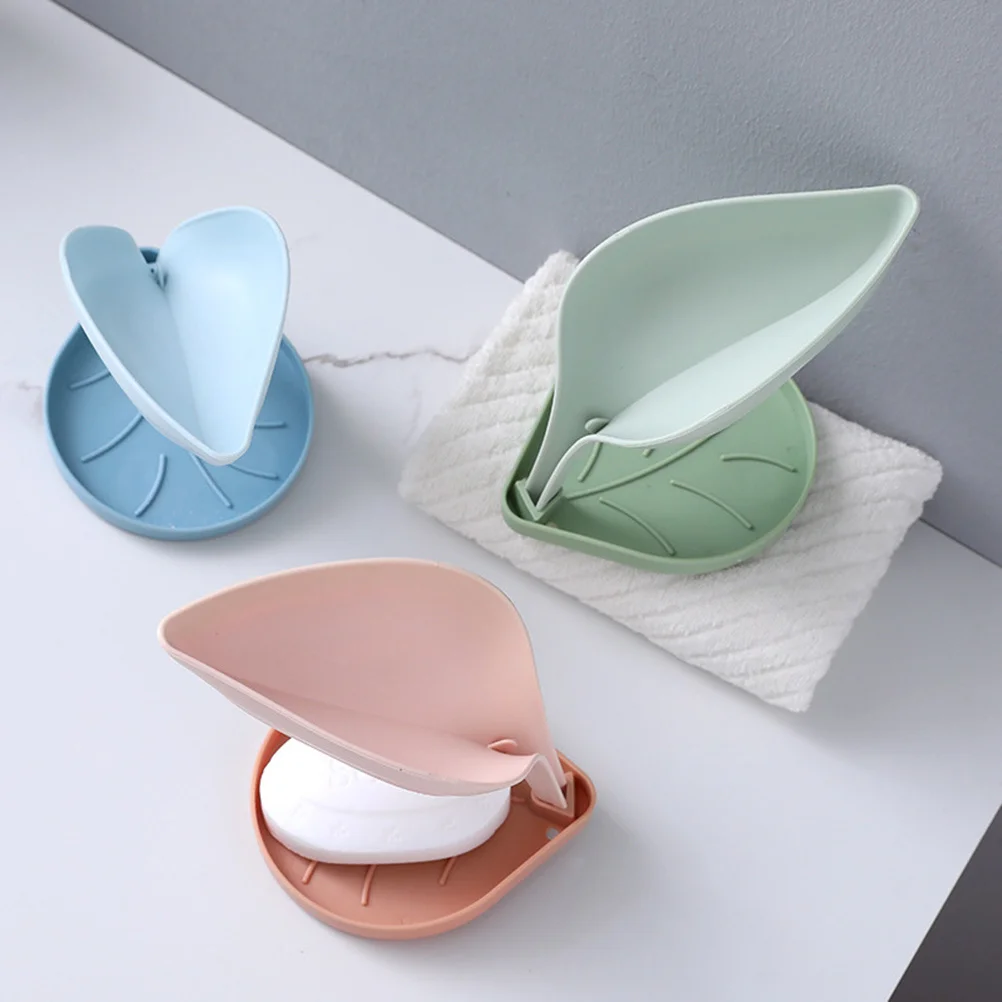 

3Pcs Soap Holder Leaf Shape Solid Color Storage Box Bathroom Kitchen Use Soap Draining Tray Plastic Case