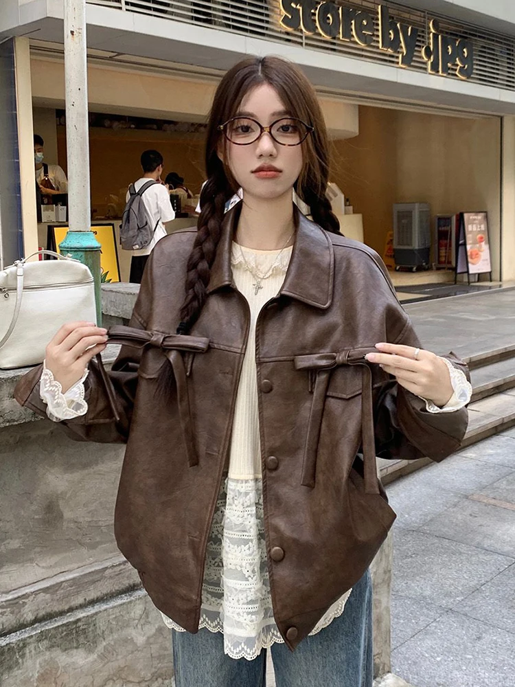 سترات نسائية كلاسيكية بفيونكة حلوة معطف فضفاض بنمط بريبي للخريف والشتاء الأمريكي معطف ريترو غير رسمي لسائقي الدراجات النارية للسيدات كل مباراة هاراجوكو