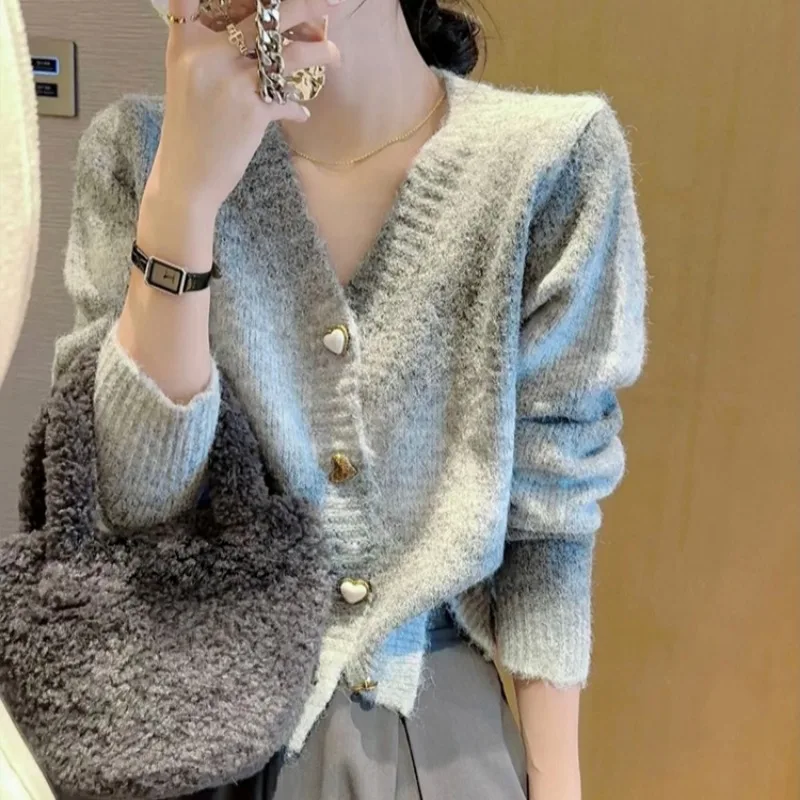 Gradient Cardigans for Women V-neck Ins Sweet Girls Candy Colors All-match Korean Style Spring Autumn Outwear Popular Knitted