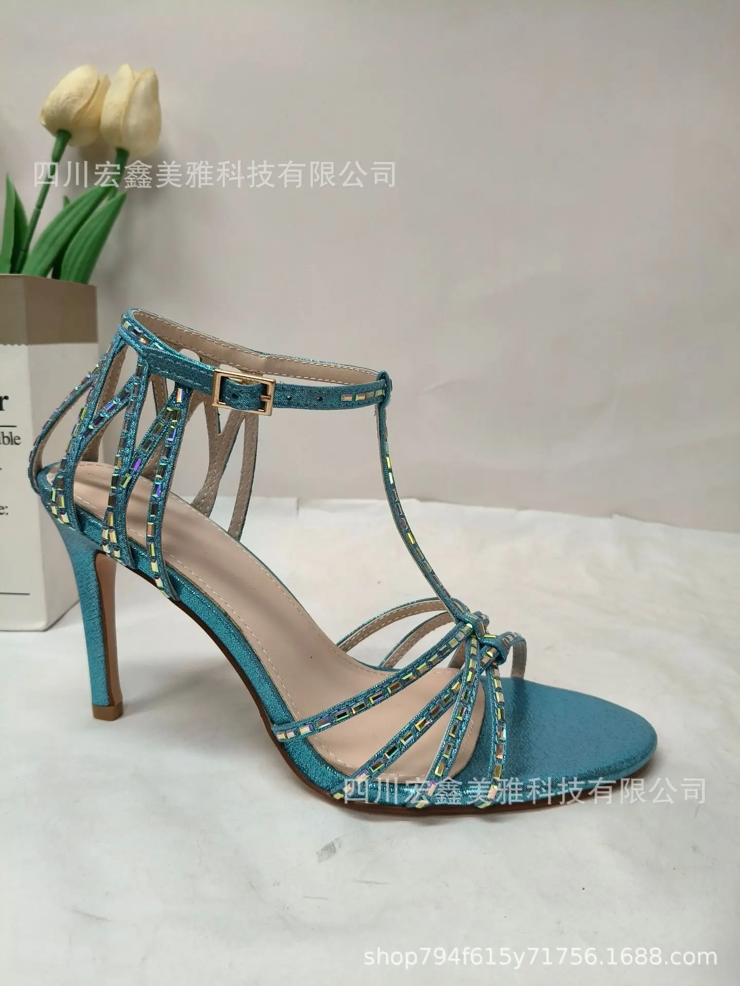 Women's stilettos glitter crystal T-strap leather sandals pink/gold/blue high heels luxury designer summer chic party shoes - view 3