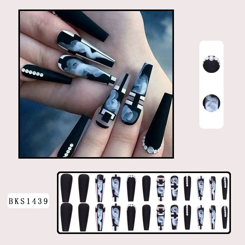 Acrílico 3D unhas postiças longas, Aura de graffiti marmoreado preto, Pontas do caixão com diamante, Faux ongles imprensa, suprimentos para unhas