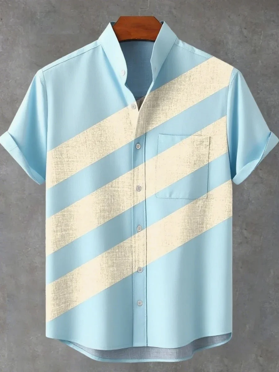 

2025 new men's striped linen stand collar short-sleeved shirt, comfortable fabric, button stand collar shirt