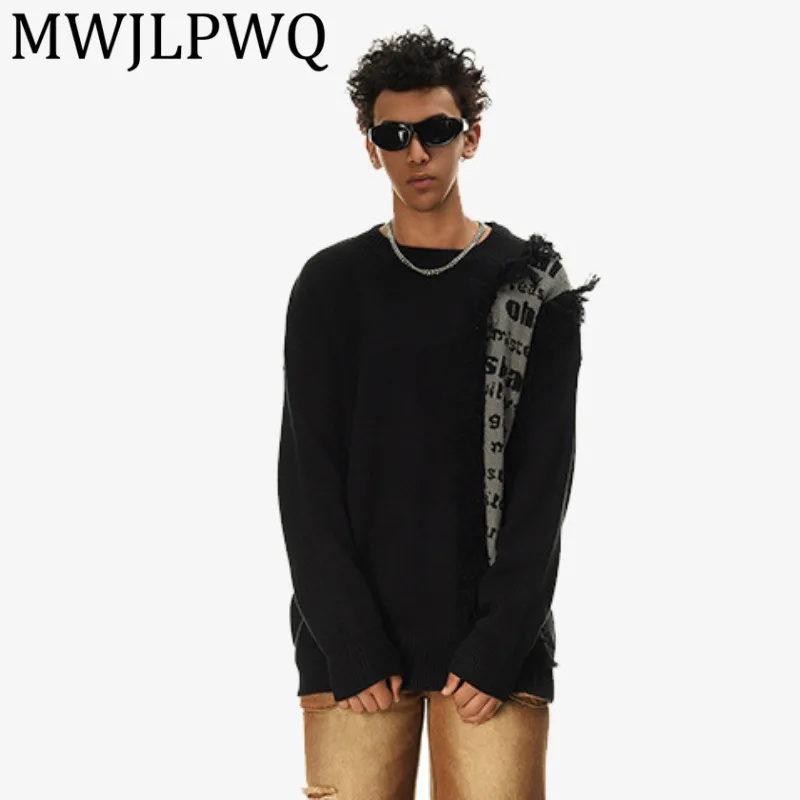 

MWJLPWQ Men's 2025 Autumn New American Street Style Patchwork Sweater Rough Edge Round Neck Knitted Tops Long Sleeve Tide 21711